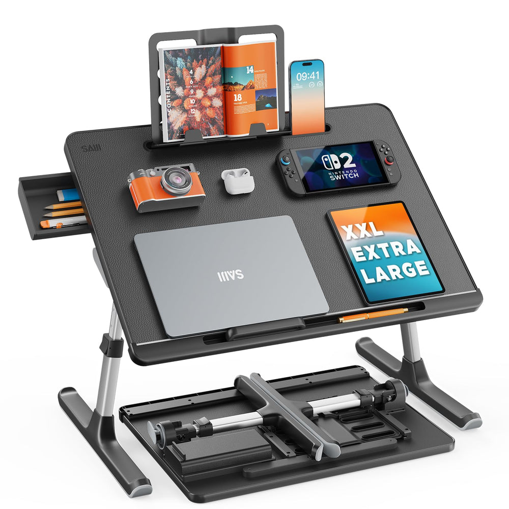 SAIJI lap desk front view showing wide surface and benefits of space