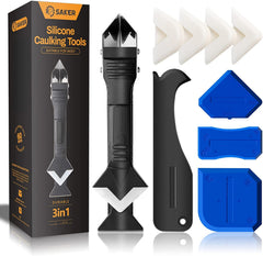 Saker front packaging view showing the full 3-in-1 caulking kit and benefits