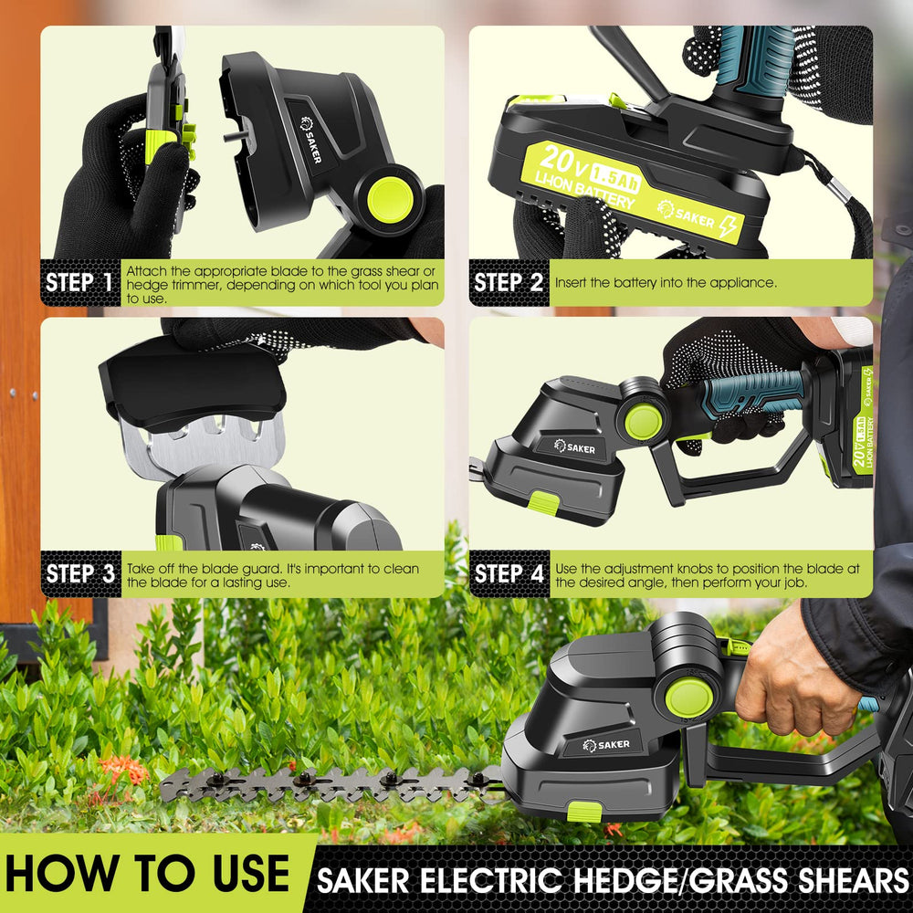 Saker cordless trimmer in a garden cutting shrubs to demonstrate portable, cord-free convenience