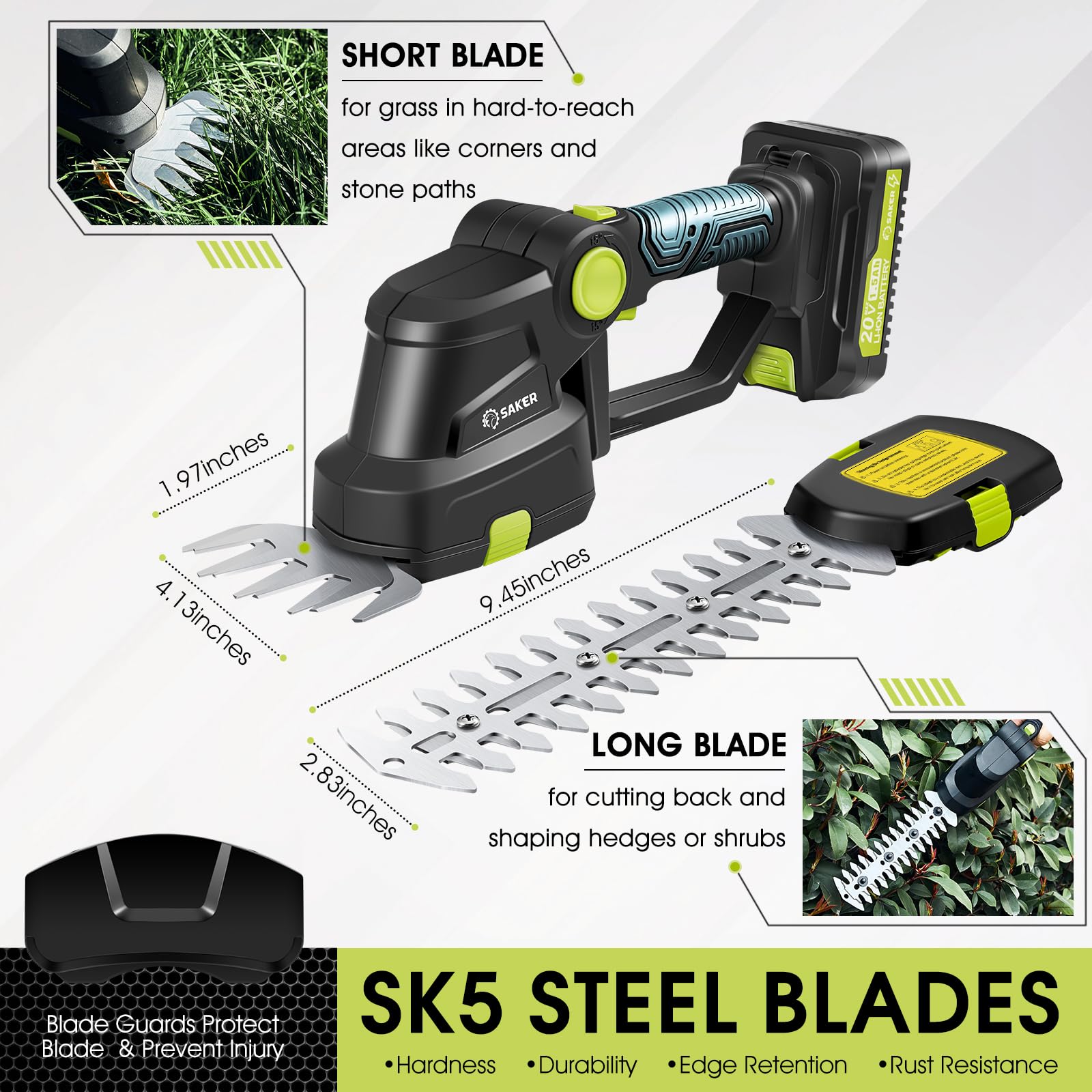 Saker short blade closeup showing compact cutting edge for grass and lawn edging
