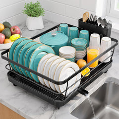 Sakugi front view showing compact rack on countertop and organized dishes