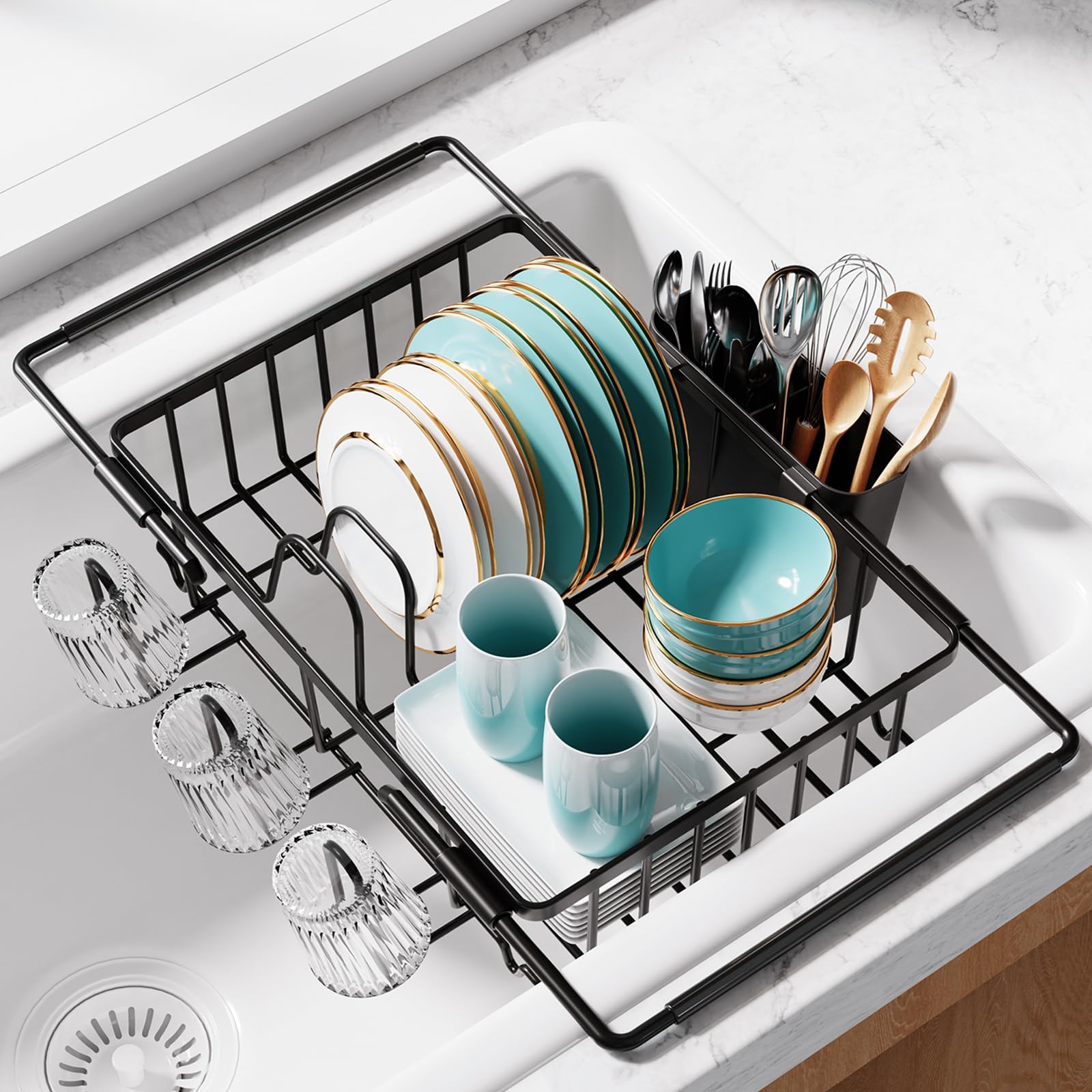 Sakugi front view of over-sink rack showing compact organization benefit