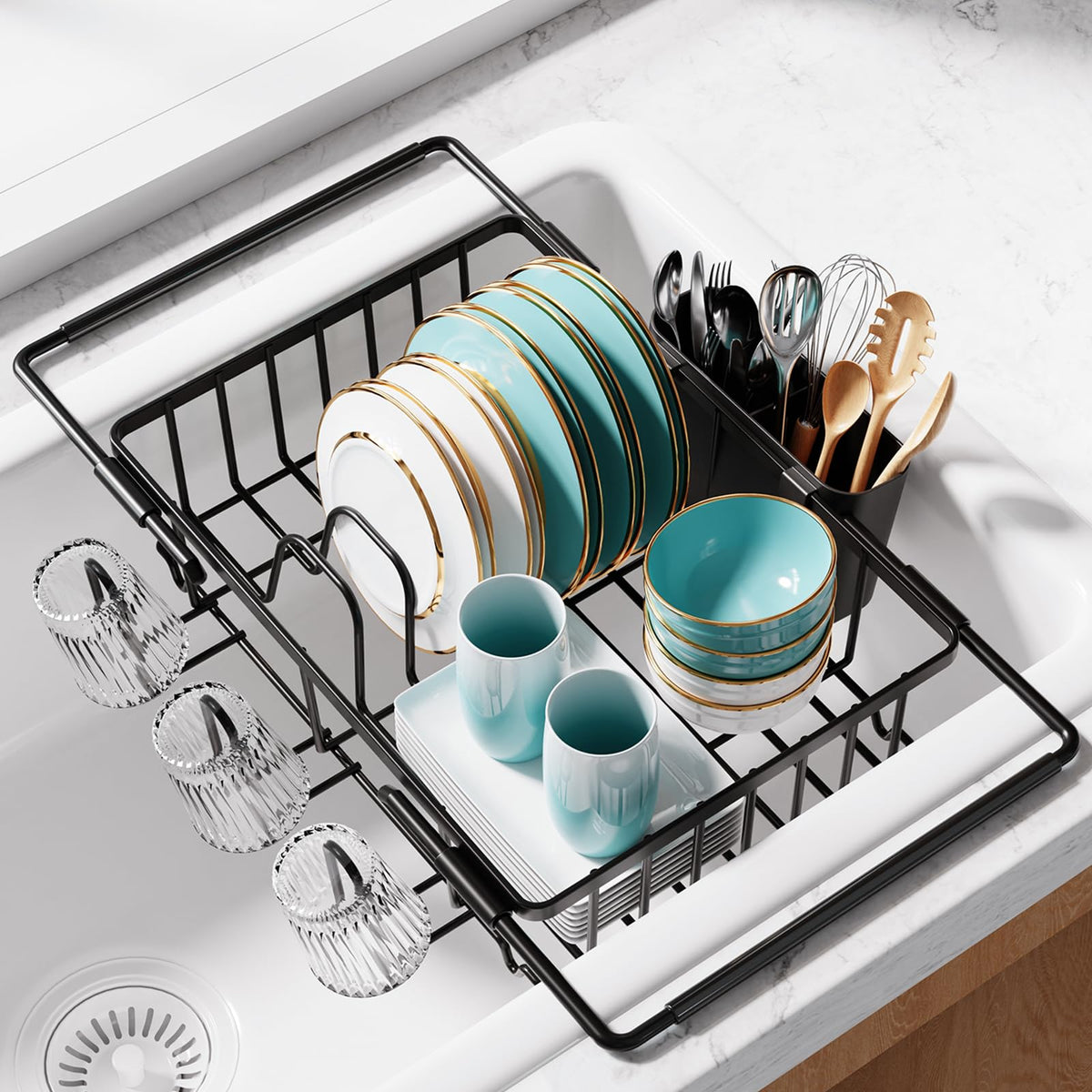 Sakugi front view of over-sink rack showing compact organization benefit