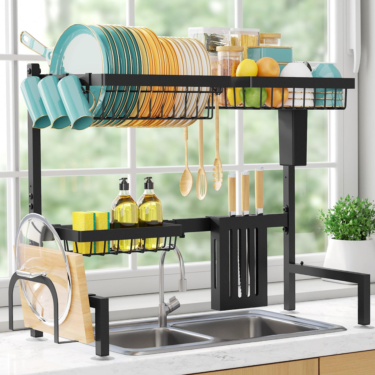 Sakugi front view showing full two-tier rack and space-saving benefit