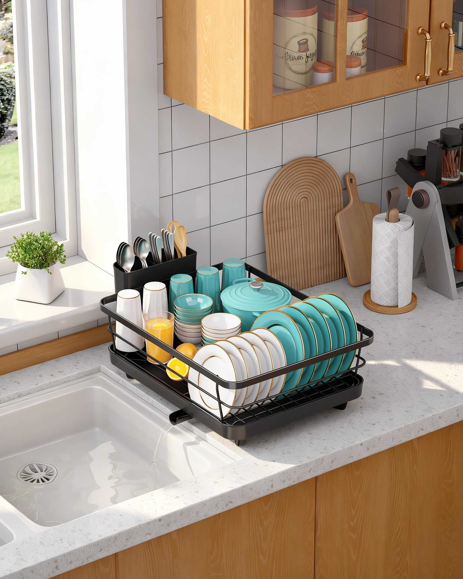 Sakugi positioned over sink illustrating swivel spout reducing countertop water