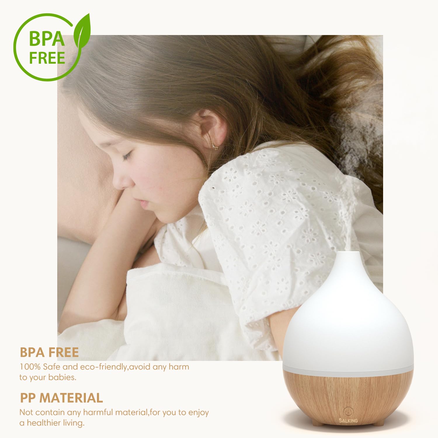 SALKING diffuser mist closeup illustrating fine ultrasonic vapor for gentle fragrance