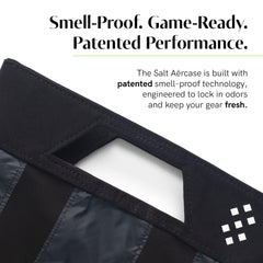 Salt Aērcase opened with cleats inside demonstrating organized storage benefit