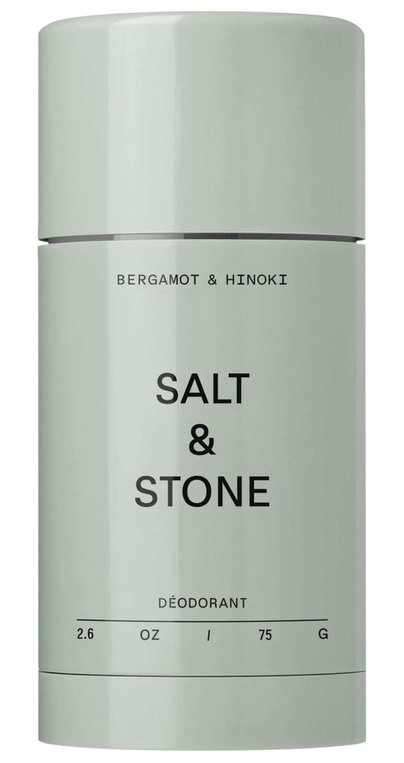 Salt & Stone front packaging showing bergamot and hinoki scent benefits