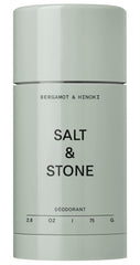 Salt & Stone front packaging showing bergamot and hinoki scent benefits