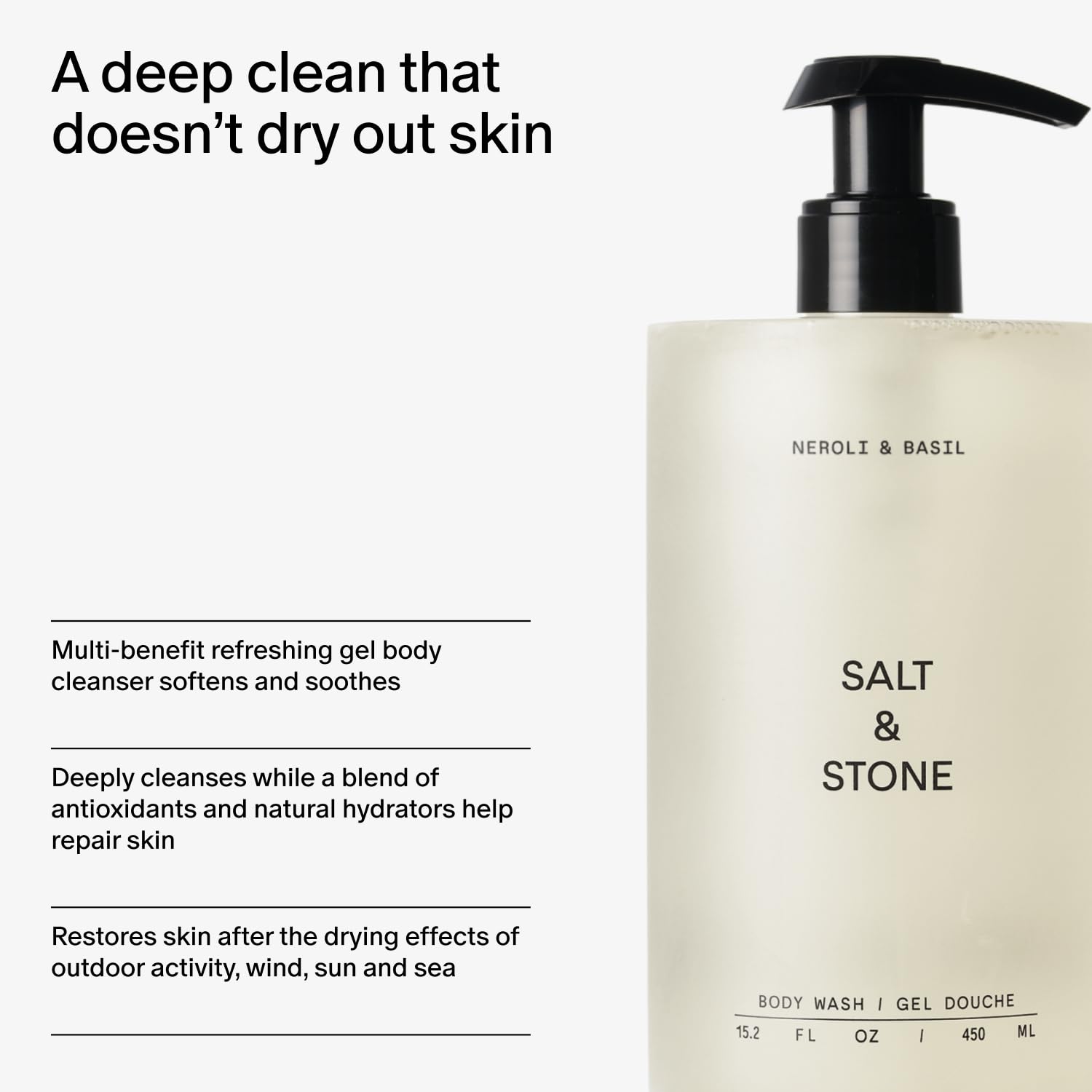 Salt & Stone product label close-up showing ingredients list and clean formulation claims