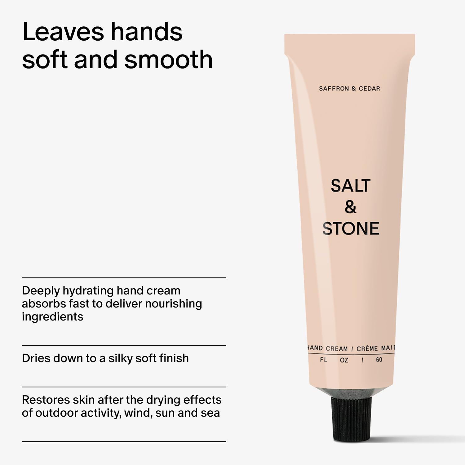 Salt & Stone label detail highlighting clean ingredients and vegan, cruelty-free benefits