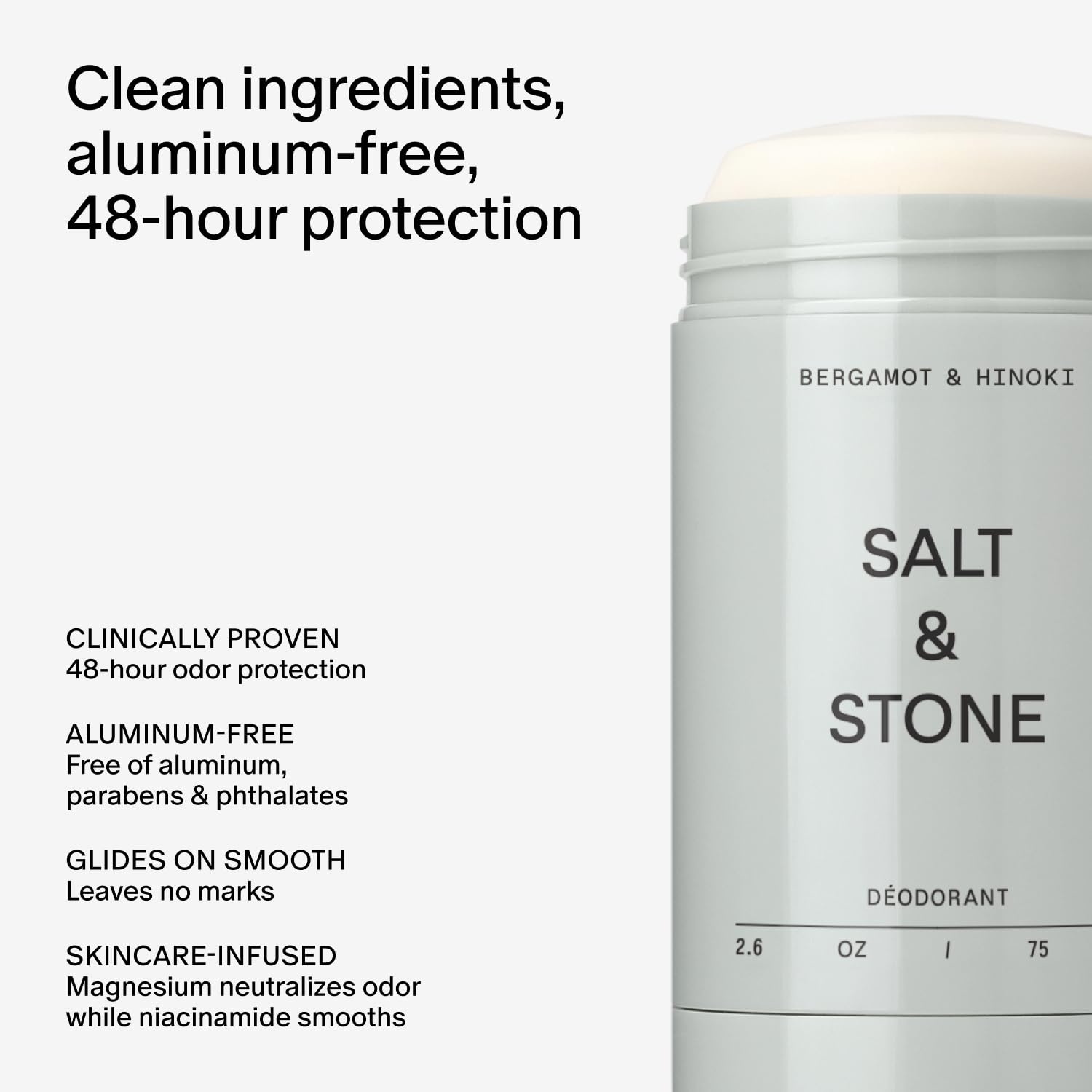 Salt & Stone side label highlighting ingredients and clean formulation benefits