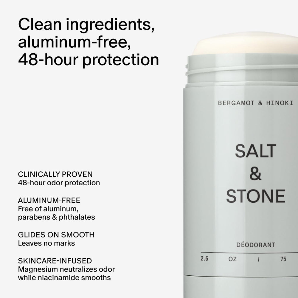 Salt & Stone side label highlighting ingredients and clean formulation benefits