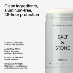 Salt & Stone side label highlighting ingredients and clean formulation benefits