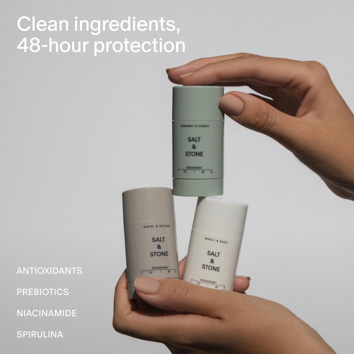 Salt & Stone deodorant texture on skin illustrating clear glide and moisturizing feel