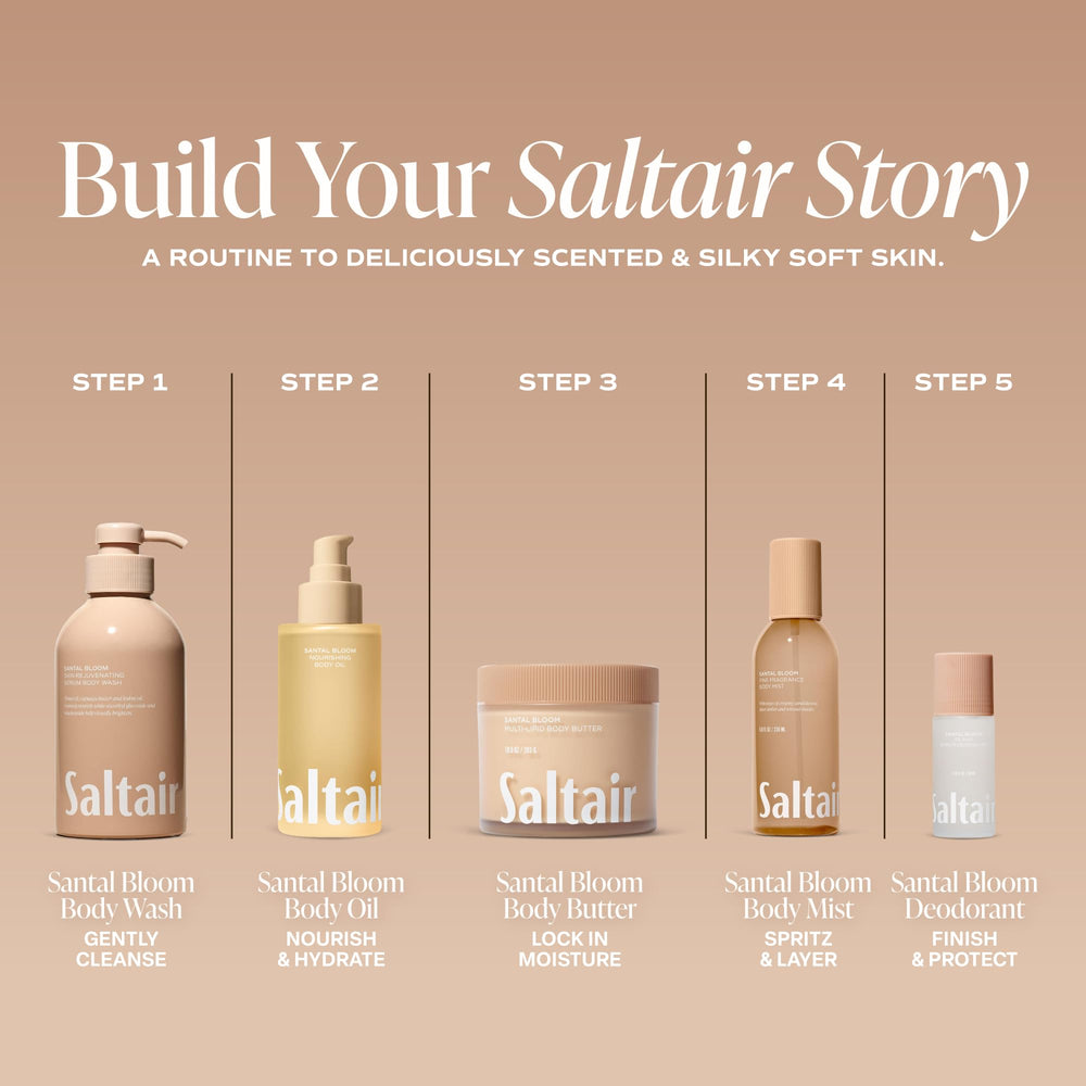 Saltair bottle placed on shower shelf showing tidy storage and daily convenience