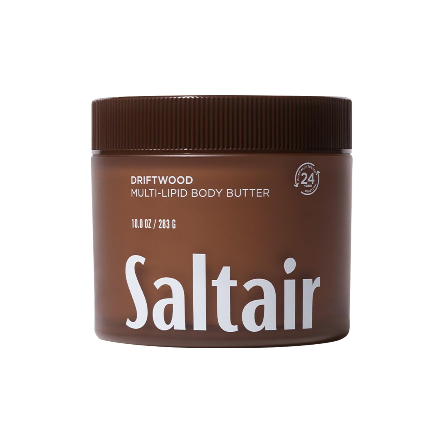 Saltair jar front view showing Driftwood body butter and clear benefits