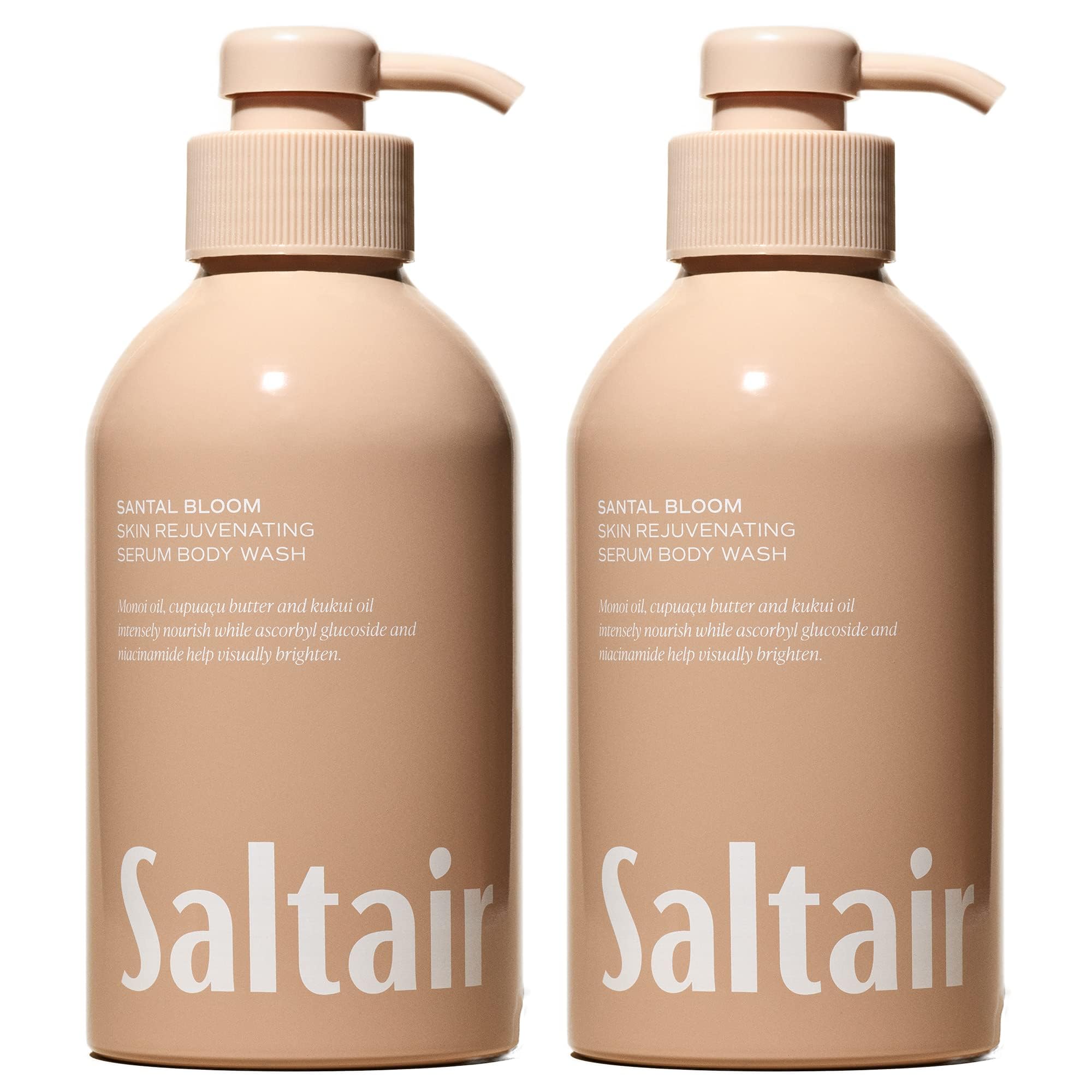 Saltair front packaging showing two Santal Bloom bottles and easy pump benefit