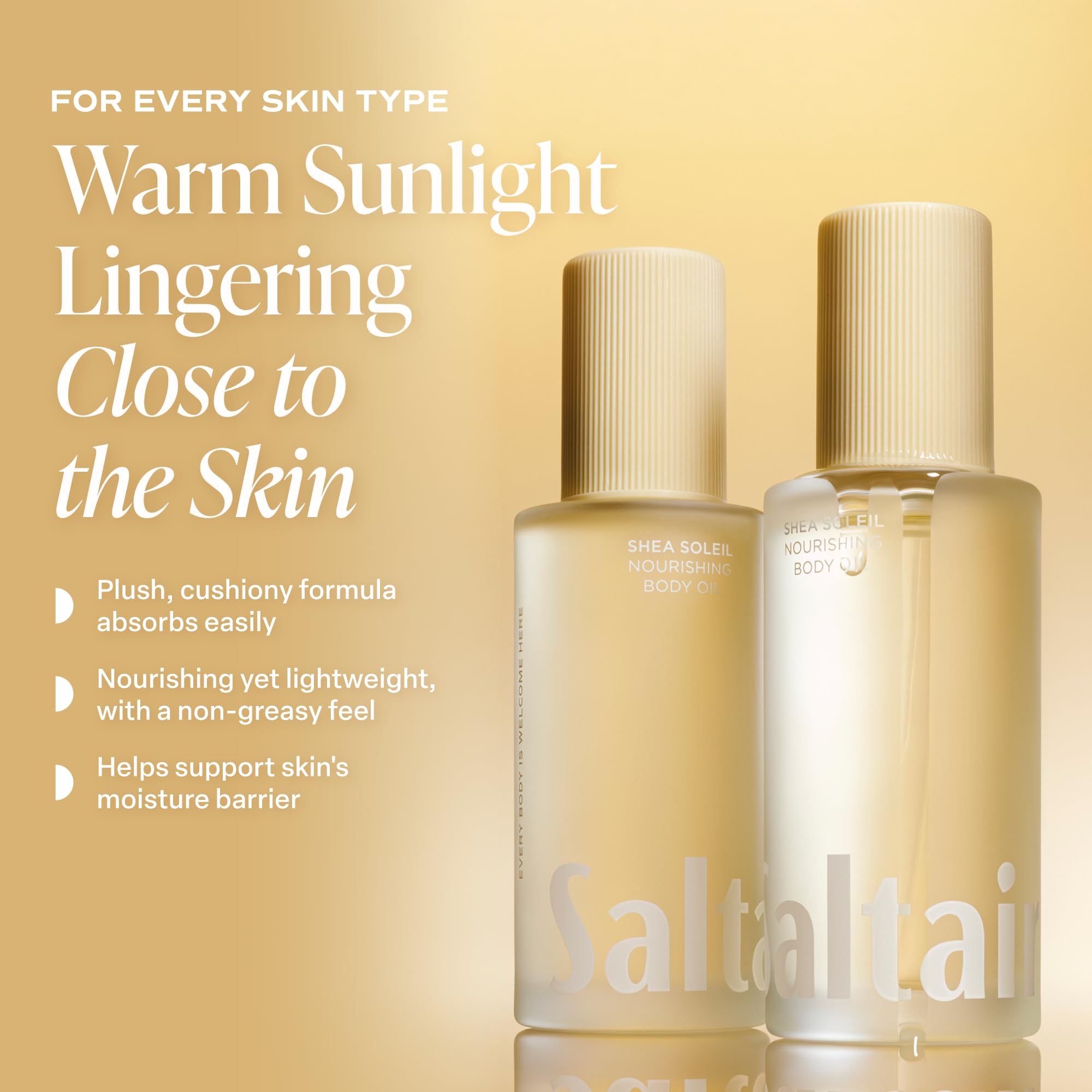 Saltair Shea Soleil applied to damp legs showing hydrated dewy skin benefit