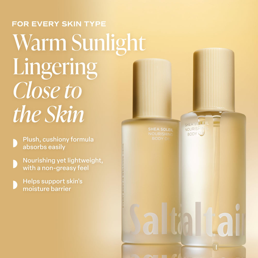 Saltair Shea Soleil applied to damp legs showing hydrated dewy skin benefit