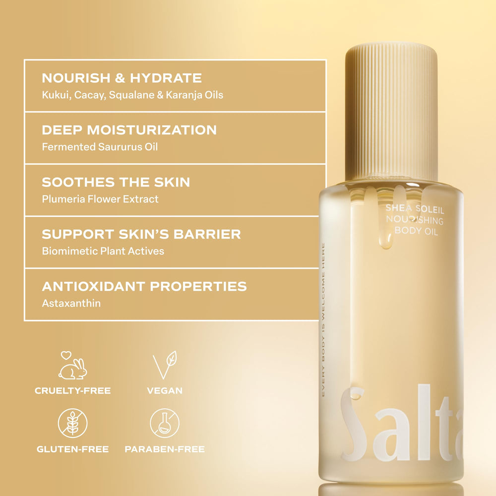 Saltair Shea Soleil 4 fl oz next to hand to show true size and travel-friendly benefit