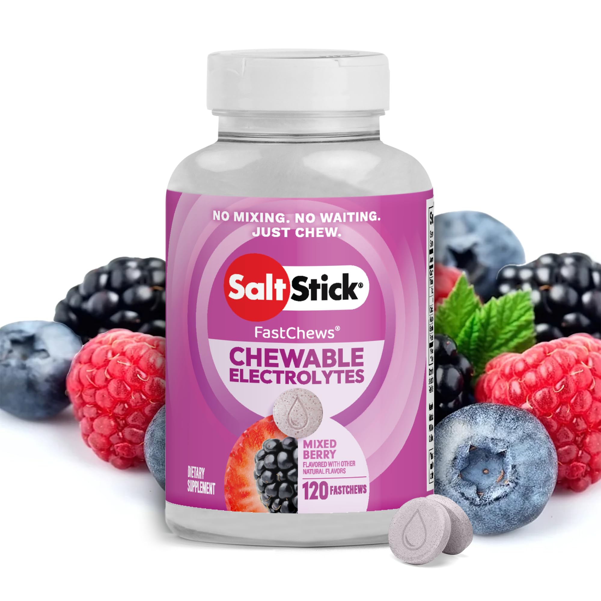 SaltStick front tin showing mixed berry label and portability benefit