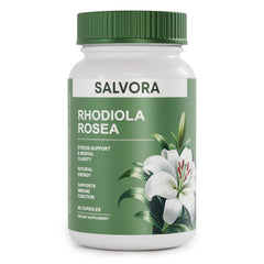 Salvora front packaging showing organic rhodiola benefits