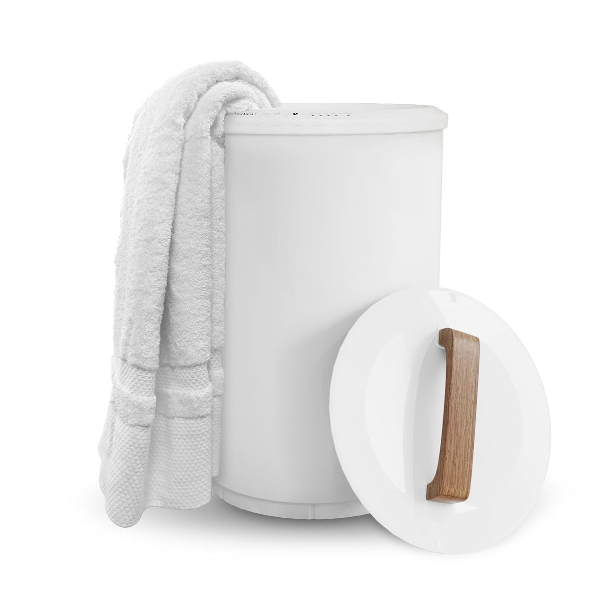 SAMEAT front view of large white towel warmer bucket showing capacity and design benefit