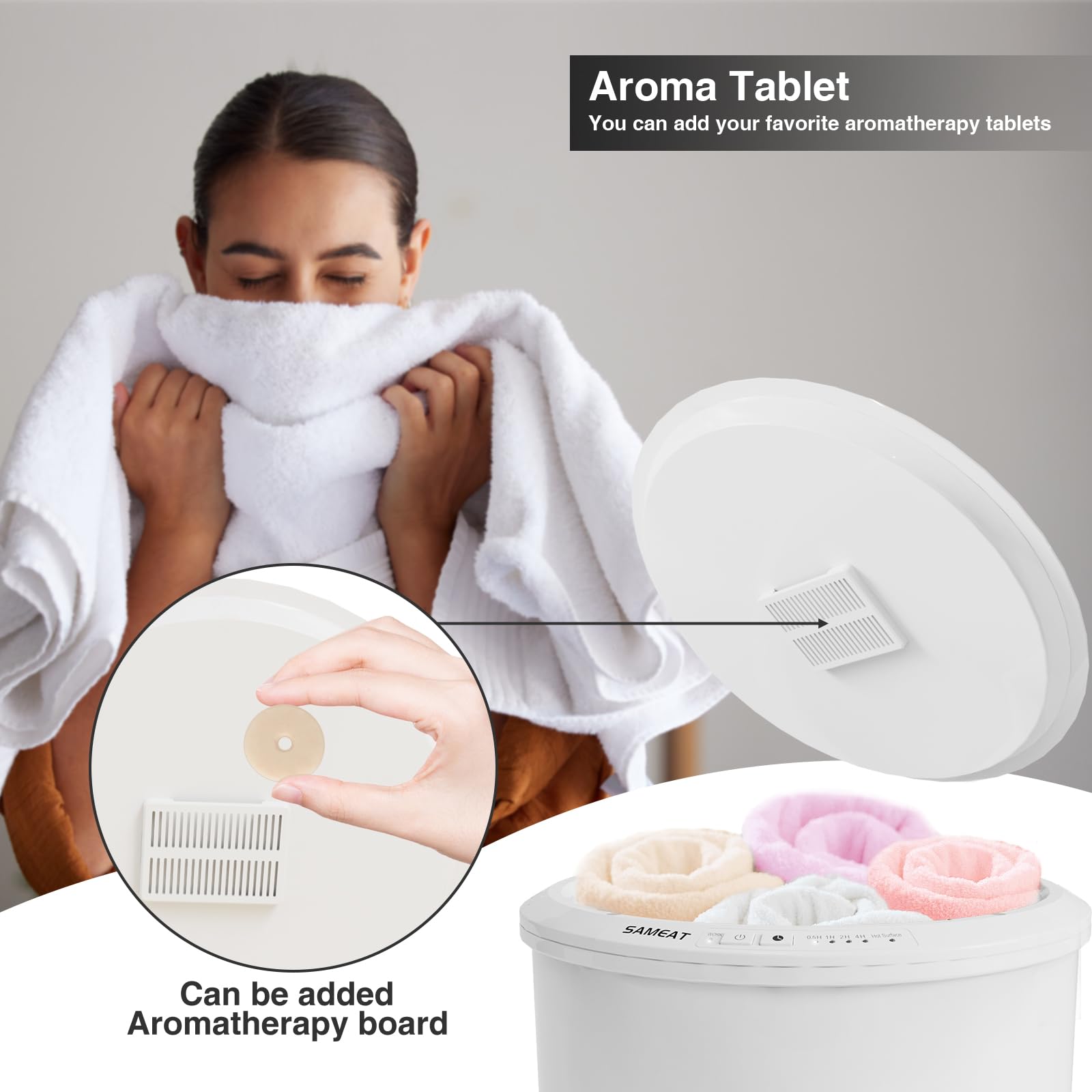 SAMEAT in bathroom spa setting showing cozy warm towels and elevated comfort