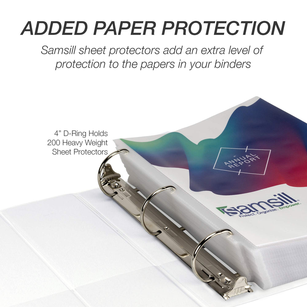 Samsill binder next to paper stack showing high-capacity storage benefit