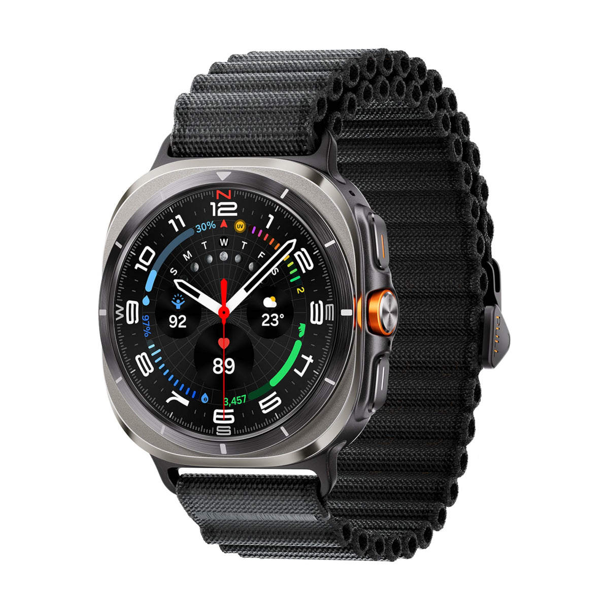 Samsung Galaxy Watch Ultra front view showing titanium finish and customizable band benefits