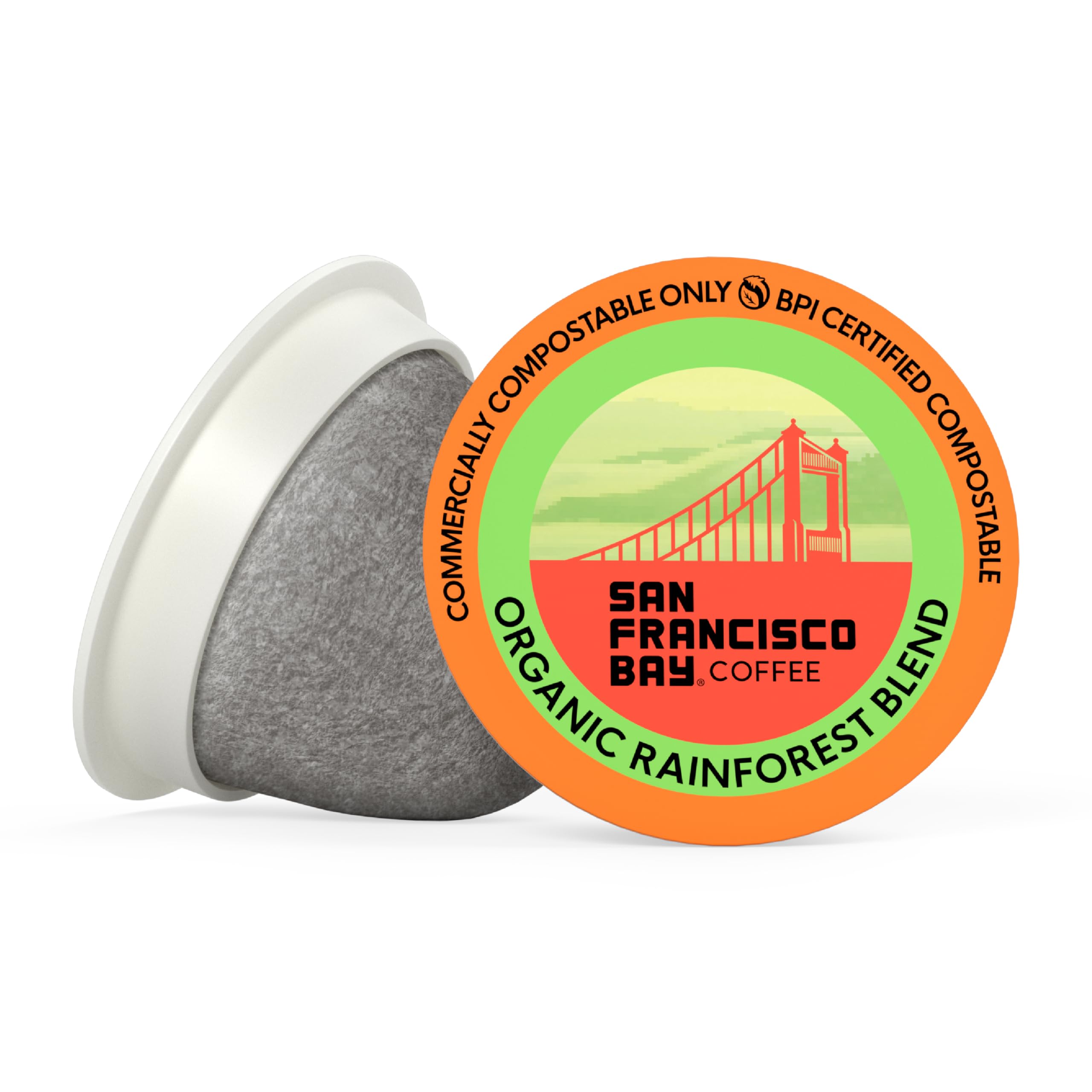 SAN FRANCISCO BAY open bag with pods highlighting compostable packaging