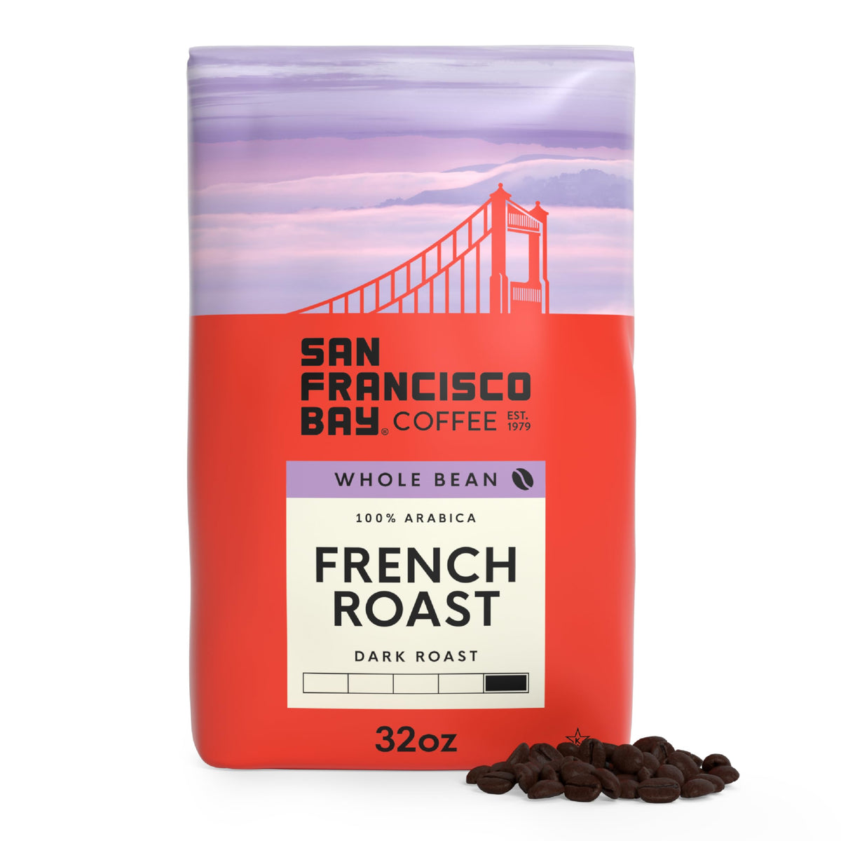 San Francisco Bay front packaging shows bold roast and 2 lb size benefit freshness