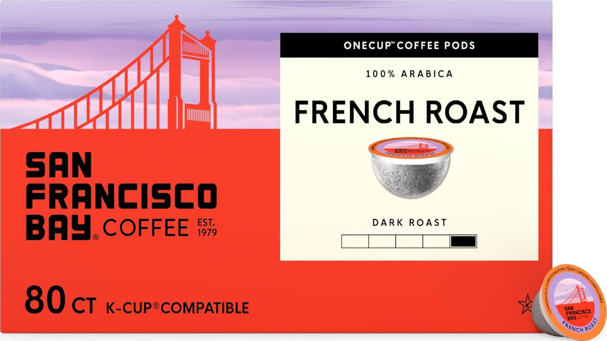 SAN FRANCISCO BAY front packaging showing 80-count and roast benefits