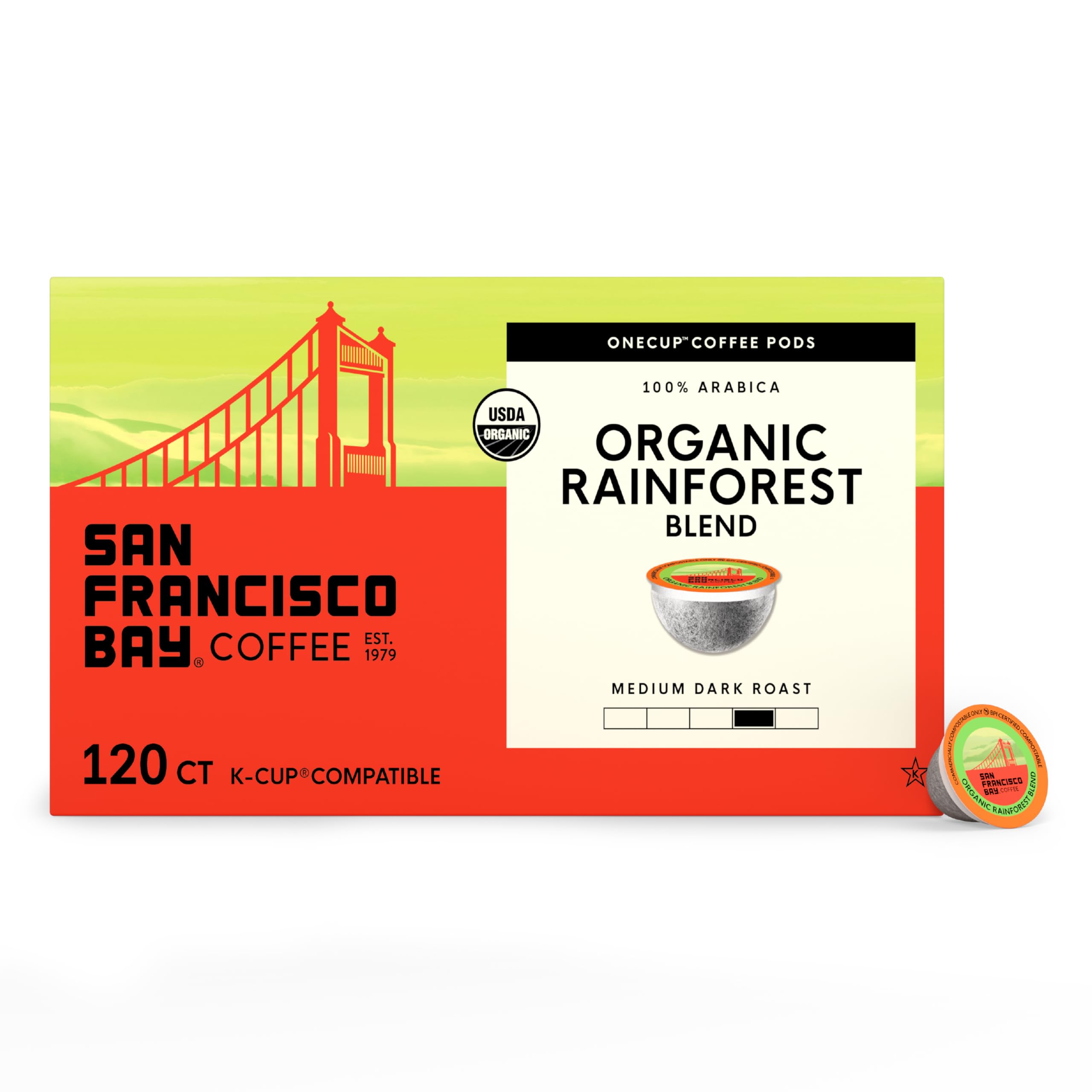 SAN FRANCISCO BAY front box showing 120-count and organic label, highlights convenience