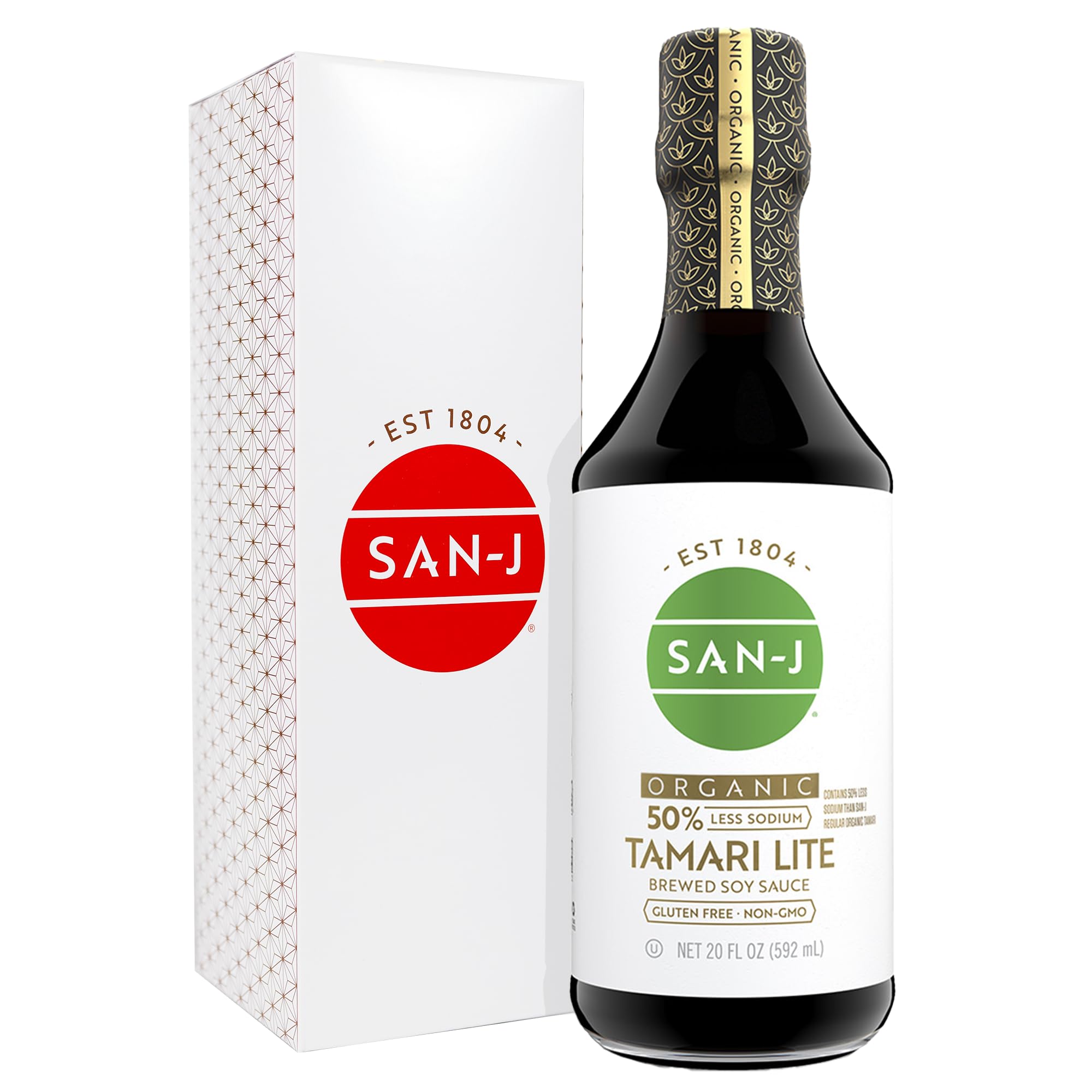 San-J tamari lite front label showing brand and low-sodium benefit