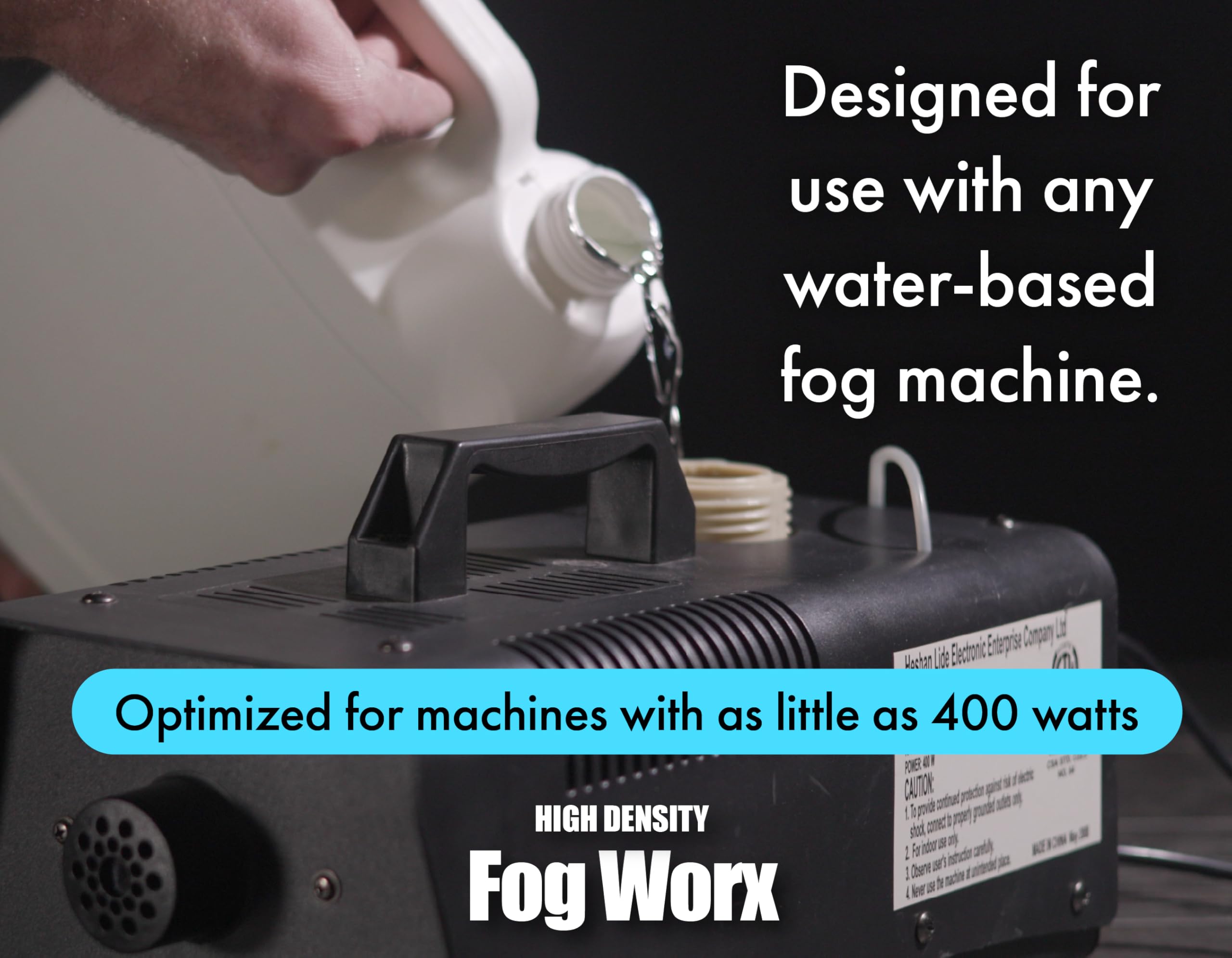 Sanco Industries FogWorx next to a fog machine demonstrating broad machine compatibility