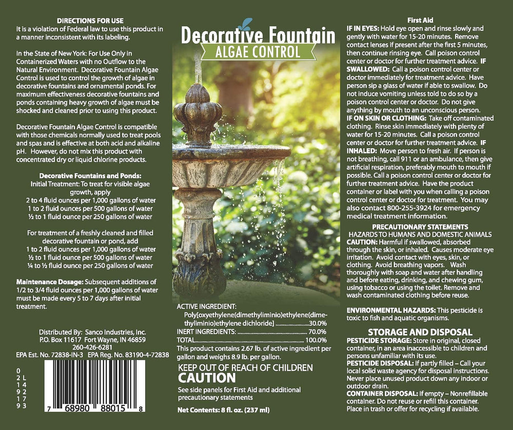 Sanco Industries bottle placed at pond edge showing suitability for small water features