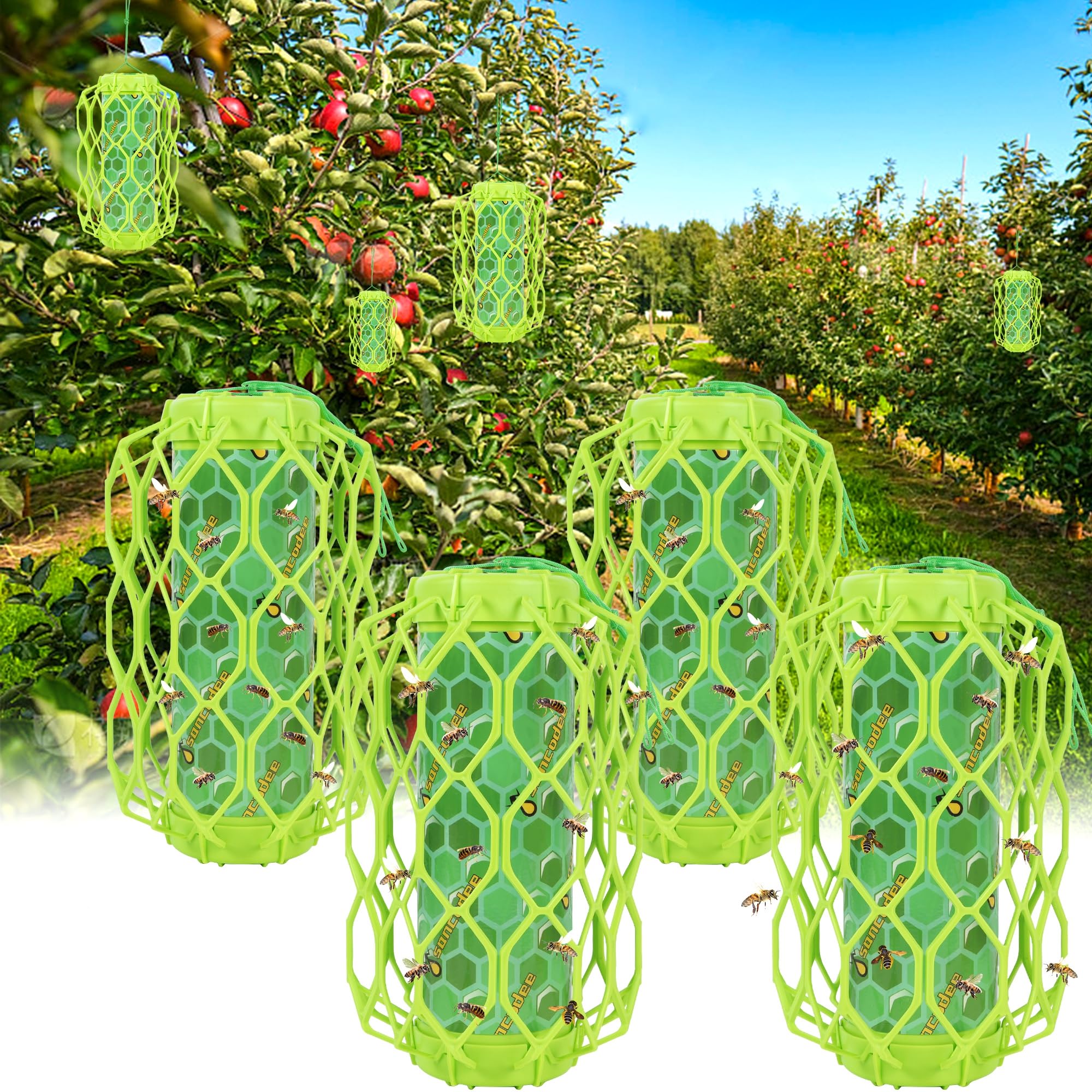Sancodee front view of green hanging trap showing shape and entrance, improves outdoor protection