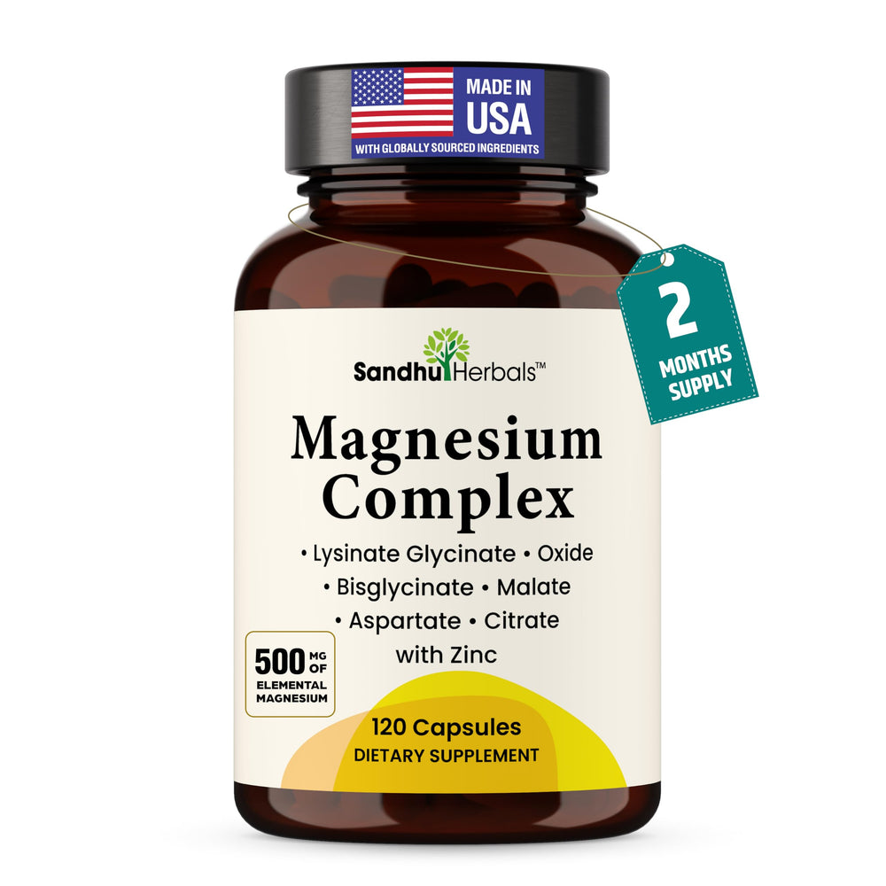 SANDHUHERBALS front label showing magnesium complex benefits clearly