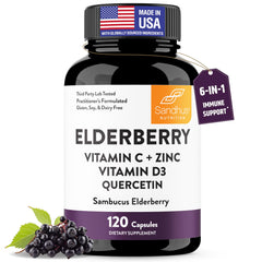 Sandhu's bottle front label showing elderberry immune blend, clear ingredient callouts