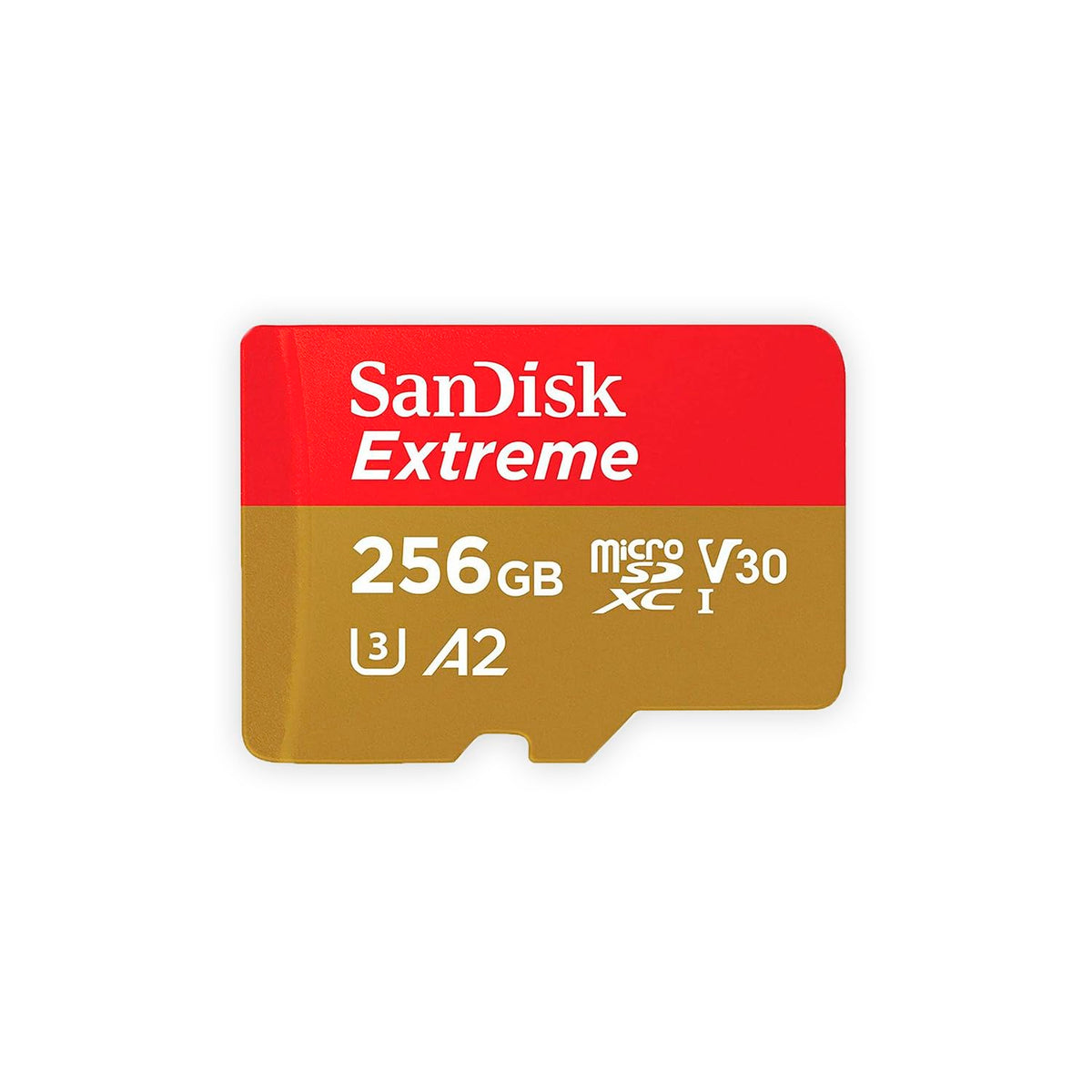 SanDisk Extreme 256GB front view showing microSD card and speed labels for reliable storage