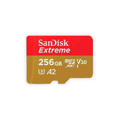 SanDisk Extreme 256GB front view showing microSD card and speed labels for reliable storage