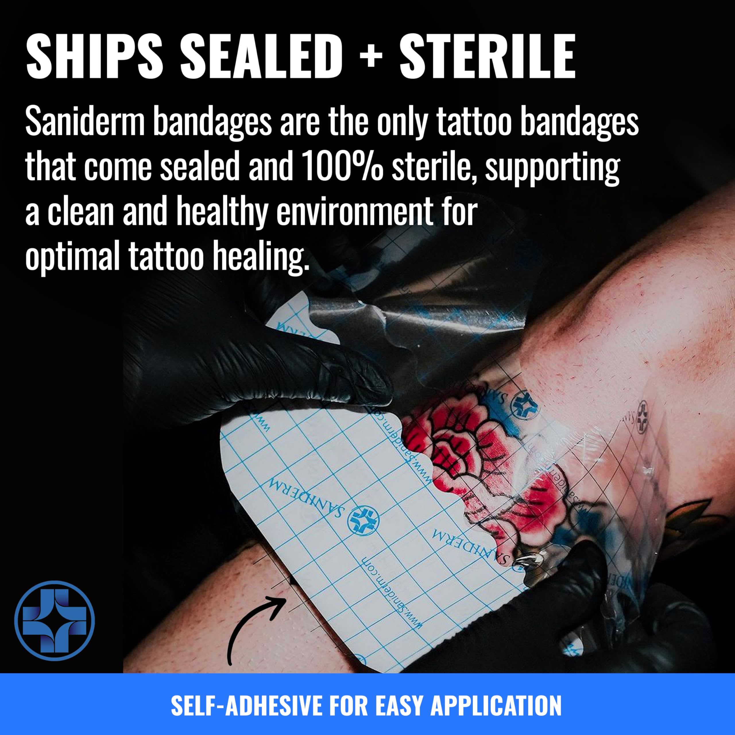 Saniderm applied to forearm tattoo offering secure coverage during movement