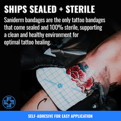 Saniderm applied to forearm tattoo offering secure coverage during movement