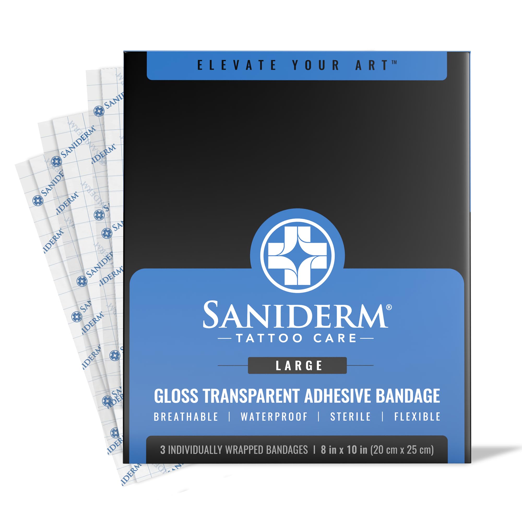 Saniderm front packaging showing three large 8x10 sheets protecting tattoos
