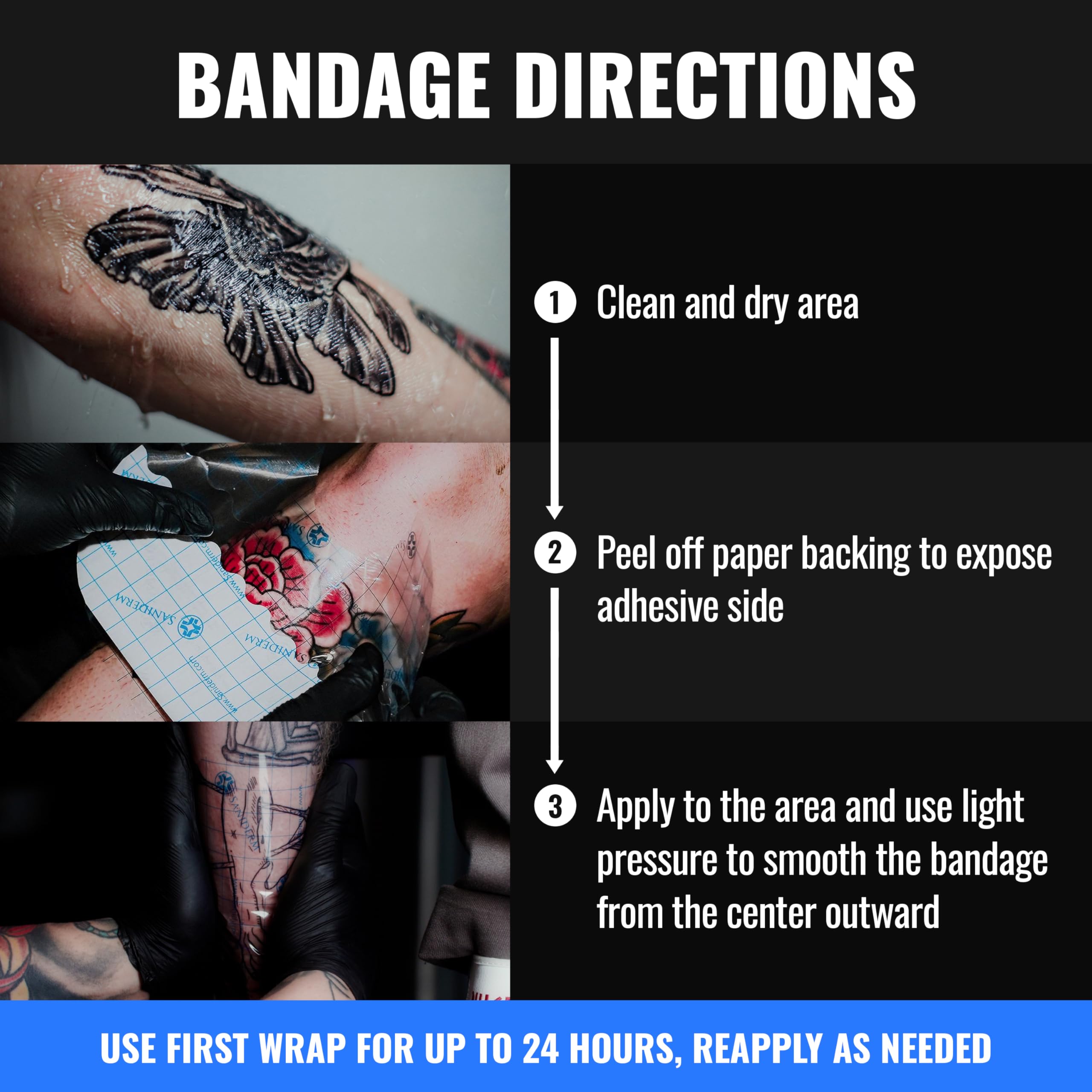 Tattoo artist applying Saniderm in studio showing professional aftercare use