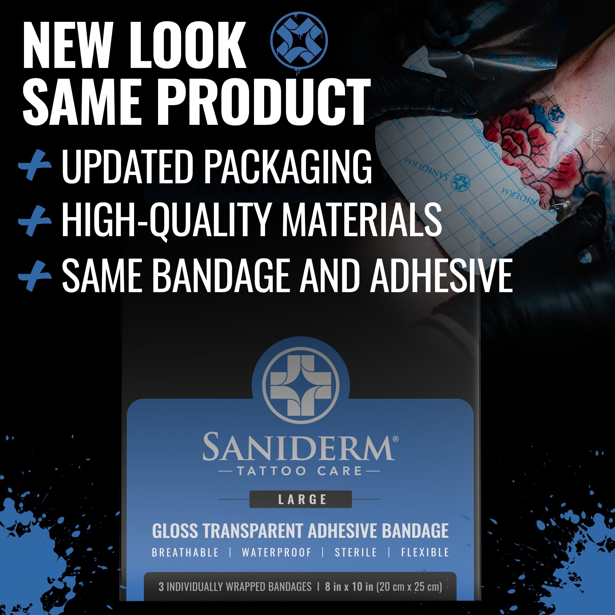 Close-up of Saniderm sheet edge highlighting clear adhesive and coverage benefit