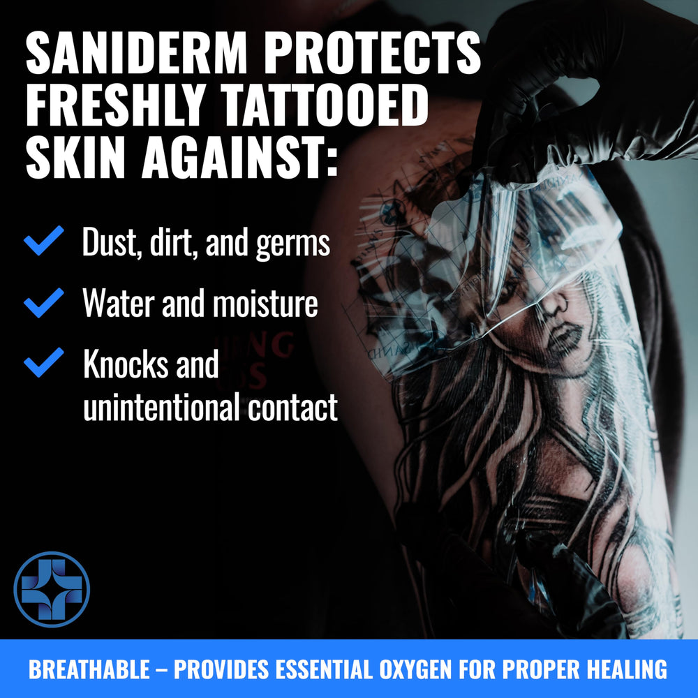 Hand holding Saniderm sheet for scale demonstrating full-size coverage