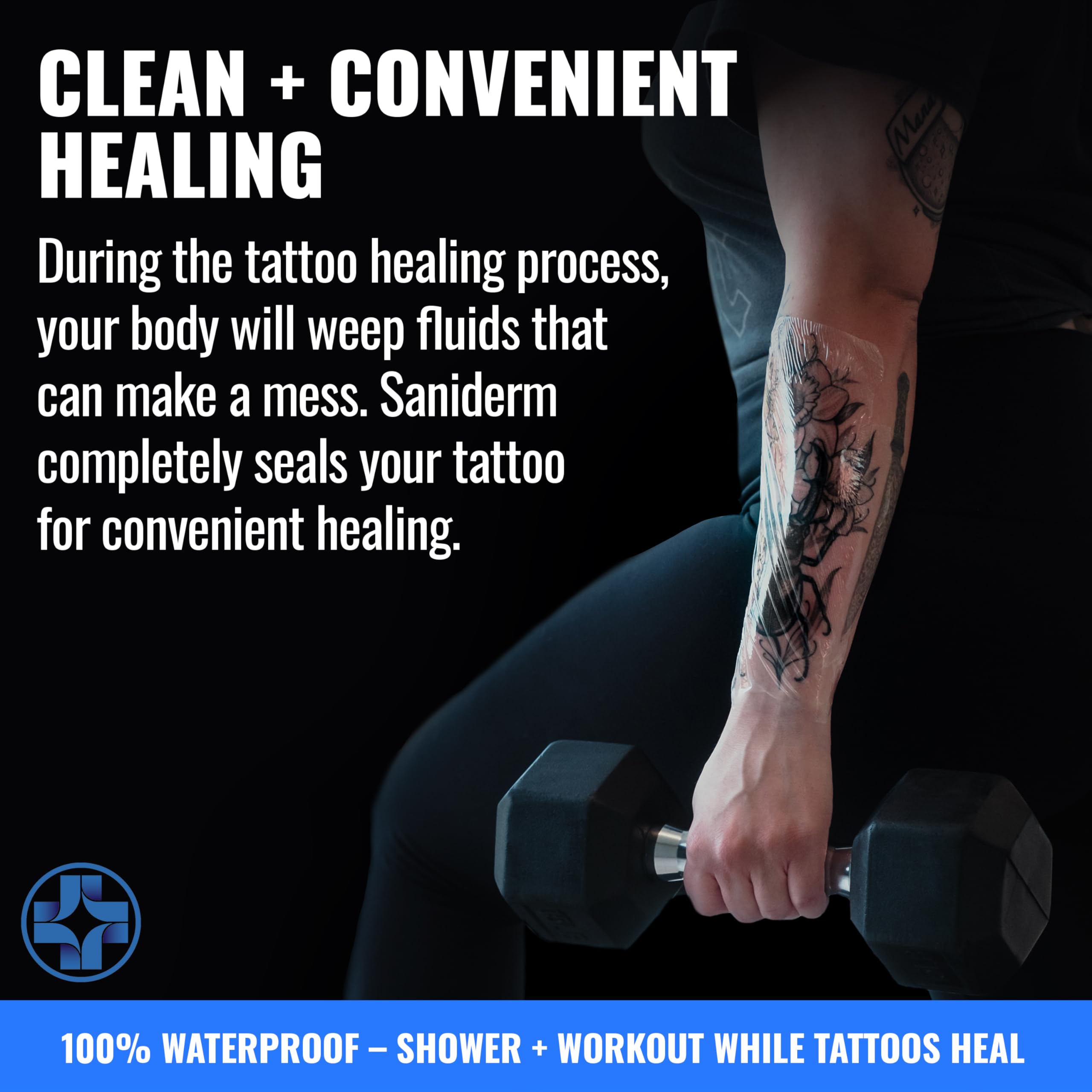 Person showering with Saniderm on tattoo showing waterproof protection